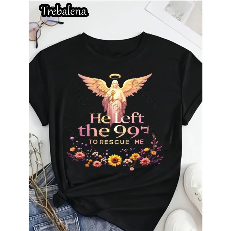 Womens Casual Loose Fit Crew Neck Cross Design He Left The 99 To Rescue Me Scripture Machine Washable Spring Summer Top