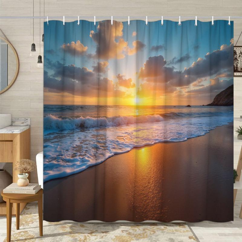 1pc Sunset Beach Shower Curtain - Golden Glow, Gentle Waves, Polyester, 70.8x70.8", 12 Hooks, Coastal Decor