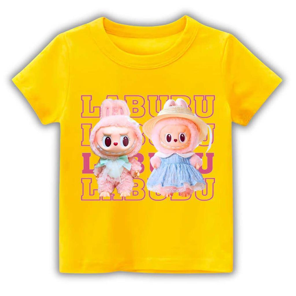 Summer LABUBU Pattern Children's T-shirt Cartoon Princess Skirt Labubu Printed Girl Round Neck Short Sleeve Casual Children's Top