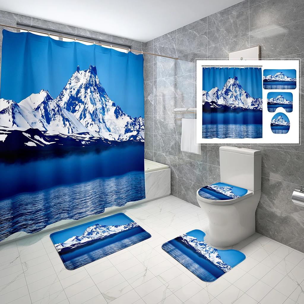 Snow Mountain Shower Curtain Set Waterproof Winter Natural Scenery Shower Curtain With Hook Non-Slip Bath Mat Toilet Lid Cover