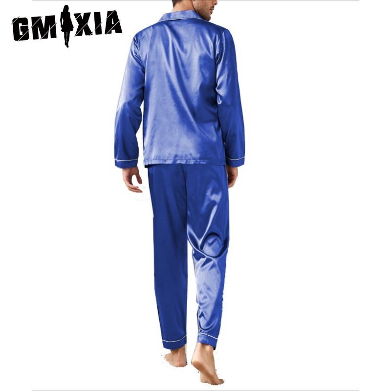GMXIA Πολυτελής Ανδρική Φόρμα Σπιτιού Μακρυμάνικη Μακρύ Παντελόνι Σατέν Πιτζάμα Σετ Δύο Τεμαχίων