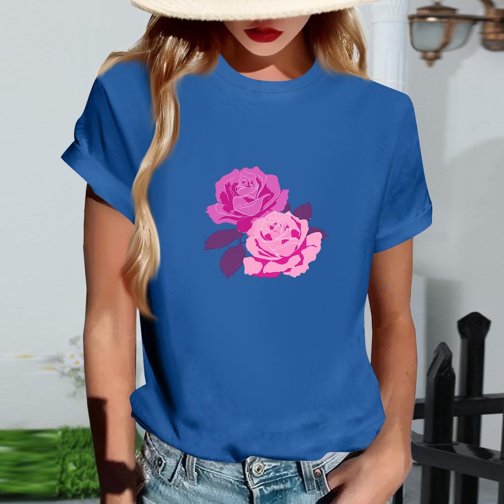 Women's Fashionable Round Neck Casual Retro Print Short Sleeved T-shirt Top