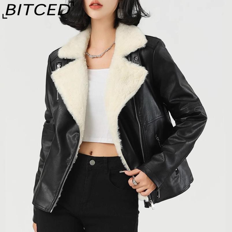 BITCED Fashion Leather Jacket with Fleece Lining, Thickened Winter Coat, Women's Leather Jacket, Short Leather Jacket