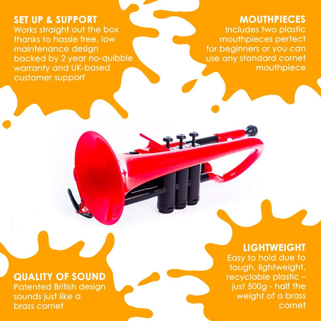 pInstruments pCornet Bb-Tuned Cornet Lightweight & High-Durability ABS Plastic Bio-Coat Antibacterial PCORNET1R Red [Includes Mouthpiece & Carry Bag]