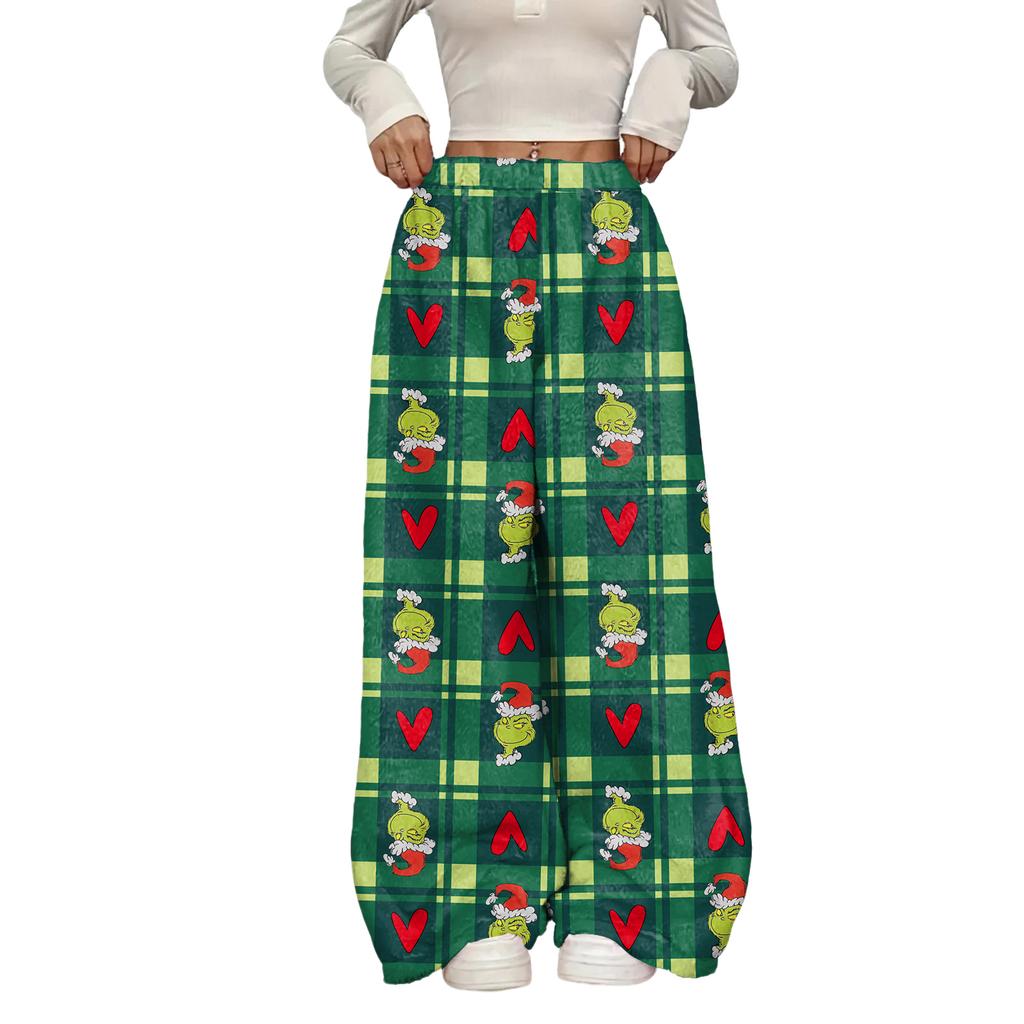 Women's Casual Christmas Print Elastic Waist Loose Fit With Plush Wide Leg Pants