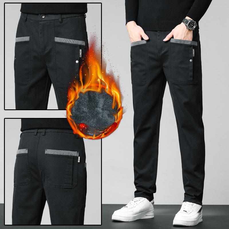Autumn and Winter Plus Velvet Thick Cotton Elastic Casual Pants Men's Fashion Multi-bag Tooling Straight Trousers