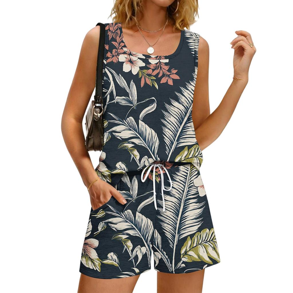 Women's Summer Floral Print Square Neck Sleeveless Tank Top and Shorts Set with Pockets - Casual 2 Piece Outfit