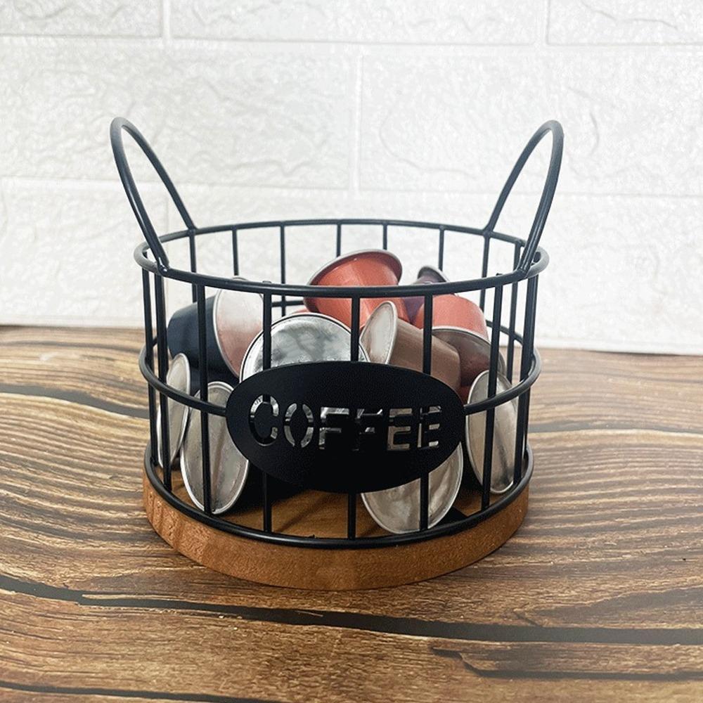 Round Iron Wire Coffee Pod Basket Wooden Base Large Capacity Coffee Capsule Holder Metal Wire Black Coffee Pods Storage Basket