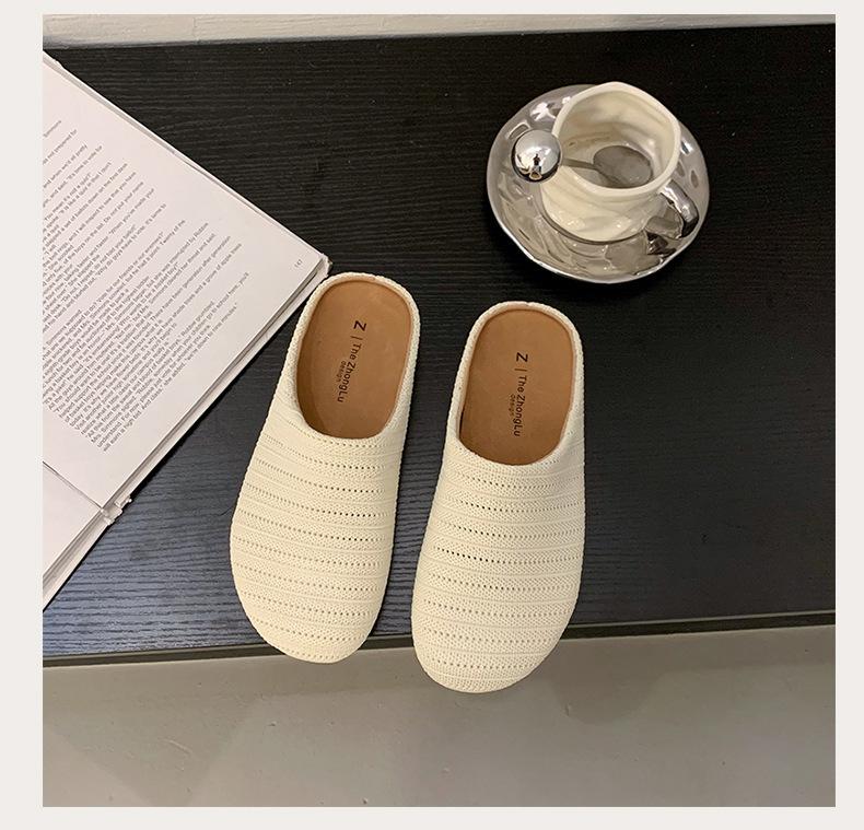 Retro Niche Woven Bag Head Half Slippers Women's Outer Wear Summer Lazy One Pedal Comfortable Soft Sole Square Head Muller Shoes