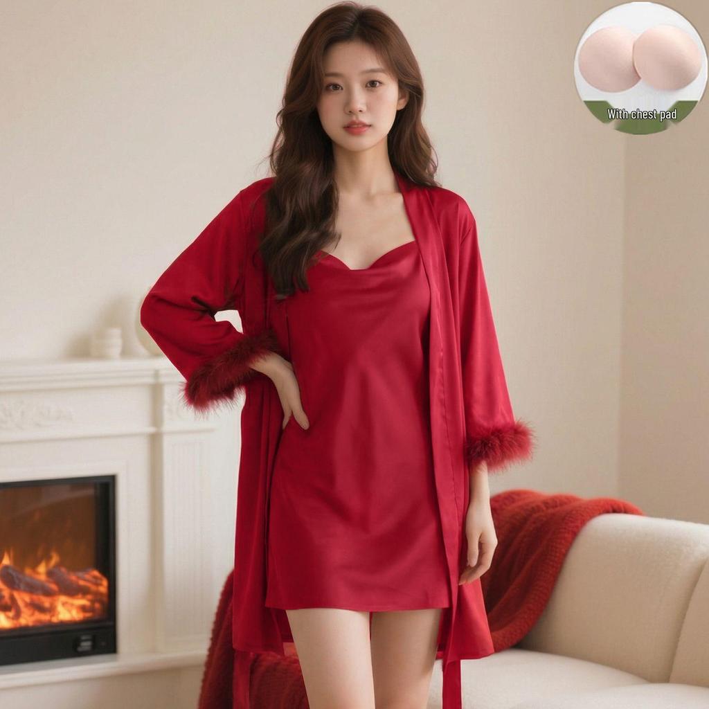 Red Zodiac Year Silk Wedding Pajamas & Robe Set for Bride and Groom