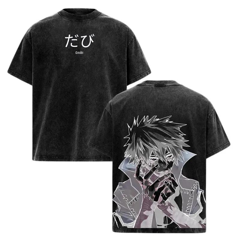 Hot Anime My Hero Academia Dabi Print T-shirt Men Short Sleeve Clothing Cotton Tshirt Retro Washed T Shirt Harajuku Manga Tops