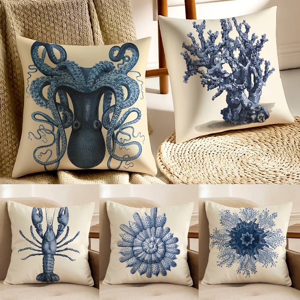 Housse de coussin créature marine bleue crevette corail pour salon canapé chaise décoration de maison sans rembourrage