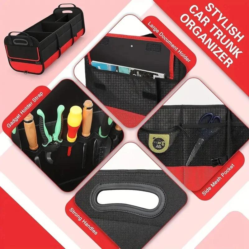 Organizator Universal Mare pentru Portbagaj pentru Mașină Pliabil cu Compartimente Multiple Geantă de Depozitare pentru Portbagaj cu 2 Curele Retractabile