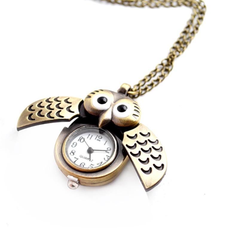 Vintage Men Women Alloy Retro Owl Shape Clock Pendant Long Necklace Chain Watches Birthday Gifts