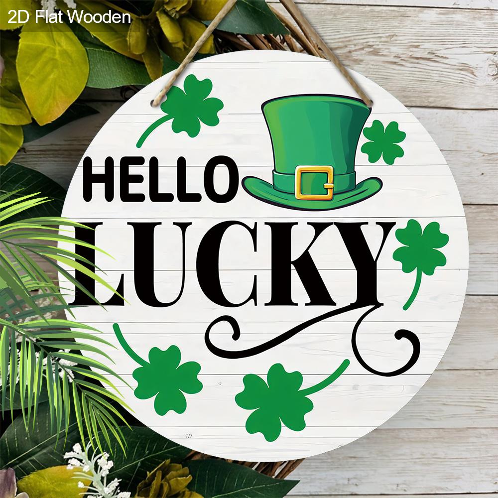 Rustic Wooden Sign with Shamrock Lucky Clover Pattern, Round Sign for Front Door, Wall Hanging Decor - Ideal St Patricks Day Gift for Family & Friend