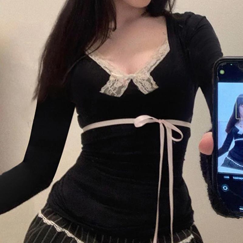 

Y2K кружевной лоскутный топ контрастного цвета, женские осенне-весенние кокетливые футболки с лентой на шнуровке и бантом, милые повседневные базовые футболки