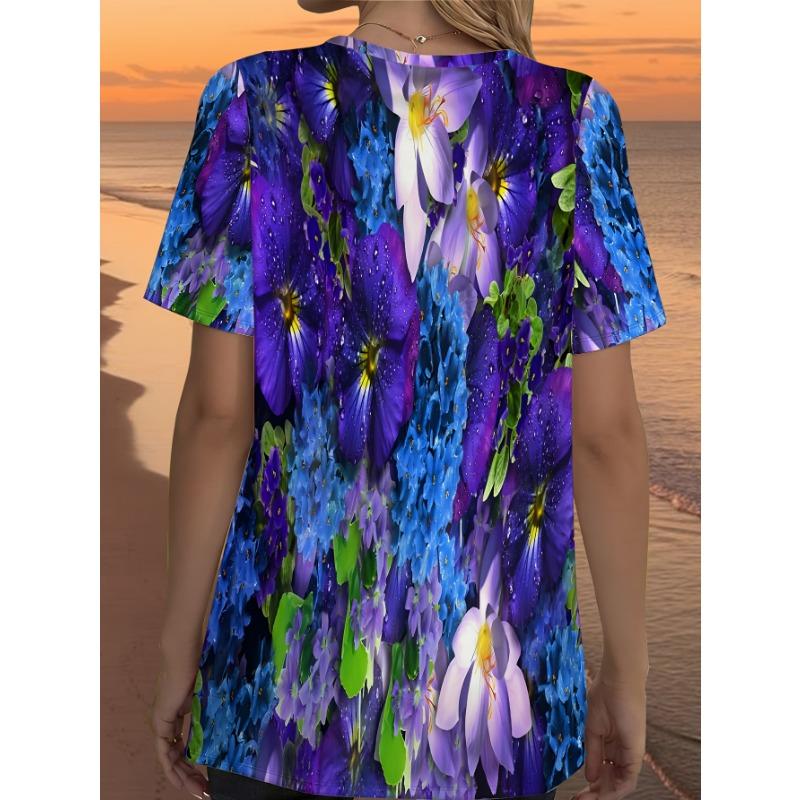 Women' Large T-Shirt Full Body Purple Round Neck Pocket Blouse Compatible Top Casual Outfits Summer Outfits Commuting