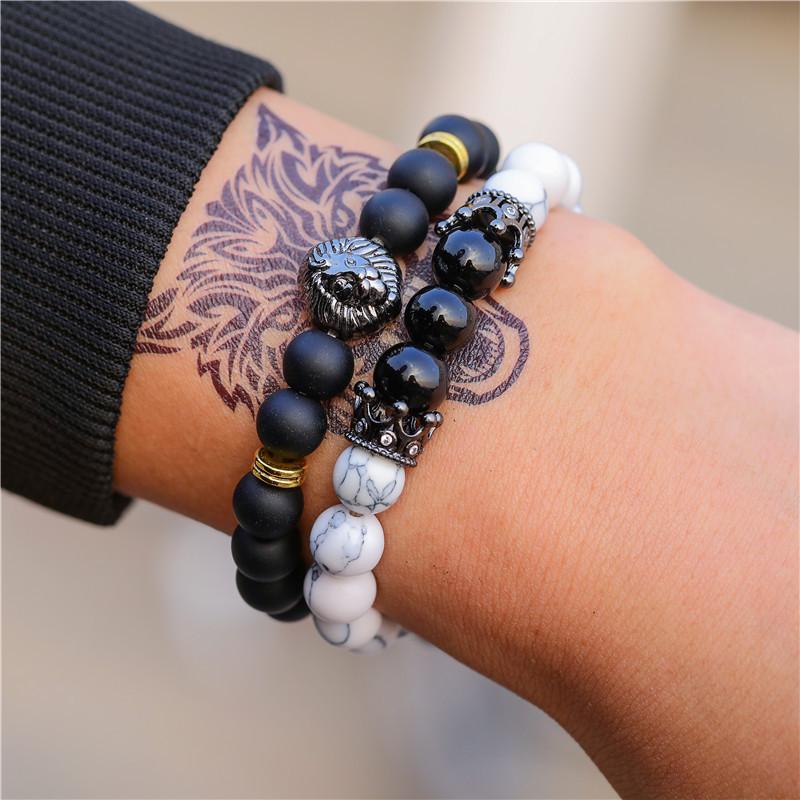 Matte Black Cubic Zirconia Ball & UFO Pendant Braided Bracelet Set