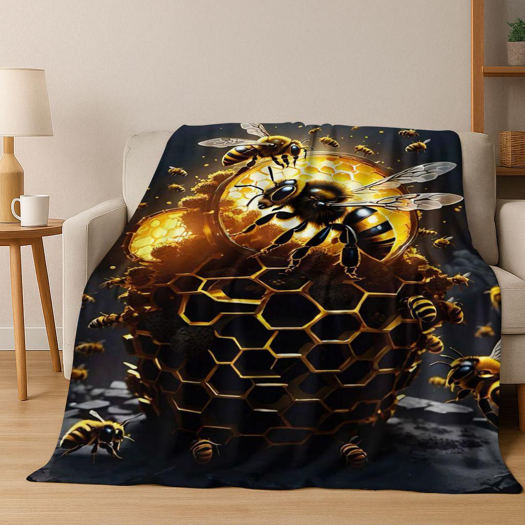 Cute Cartoon Bee HoneyBee Insect Art Flannel Blanket,Cozy Soft Throw Blanket for Home Bedroom Bed Sofa Picnic Cover Gift Kids