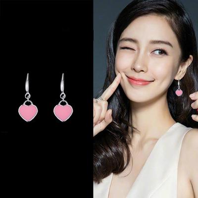 Imitation Enamel Peach Heart Hook Blue Pink Heart-shaped Earrings for Women