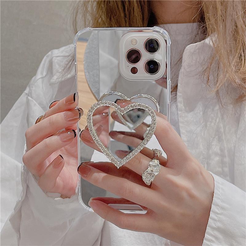 INS Korean Cute 3D Diamonds Love Heart Make Up Mirror Griptok Bracket For iPhone 14Pro Phone Holder Ring Support Stand Grip Tok