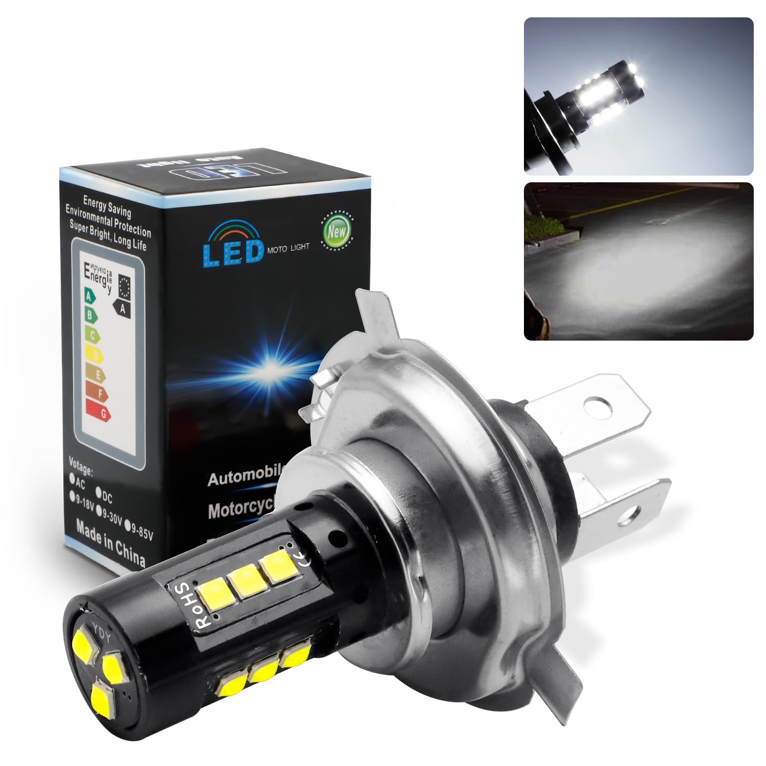 

Светодиодная фара H4 для мотоциклов с переключением HI/LO для мотоциклов. Светодиодная лампа H4 с интегрированной высокой яркостью. Белый безвентиляторный оригинальный заменитель.