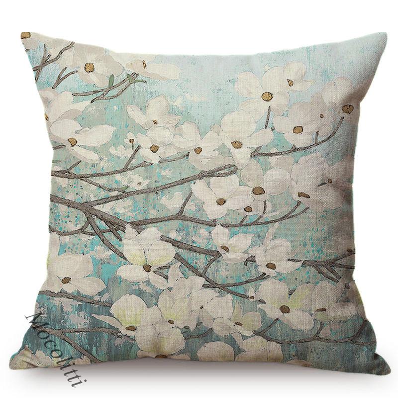Spring Decoration Blue Flower Blue Birch Cherry Dogwood Blossoms Branch Oil Painting Design Cushion Cover Sofa Throw Pillow Case