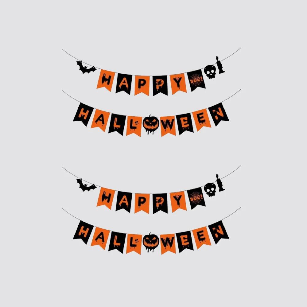 1/2pcs-Halloween Flag Hanging Ornaments-decorated with Ghost Bat Skeletons and Scary Pumpkins, Festive Decorations