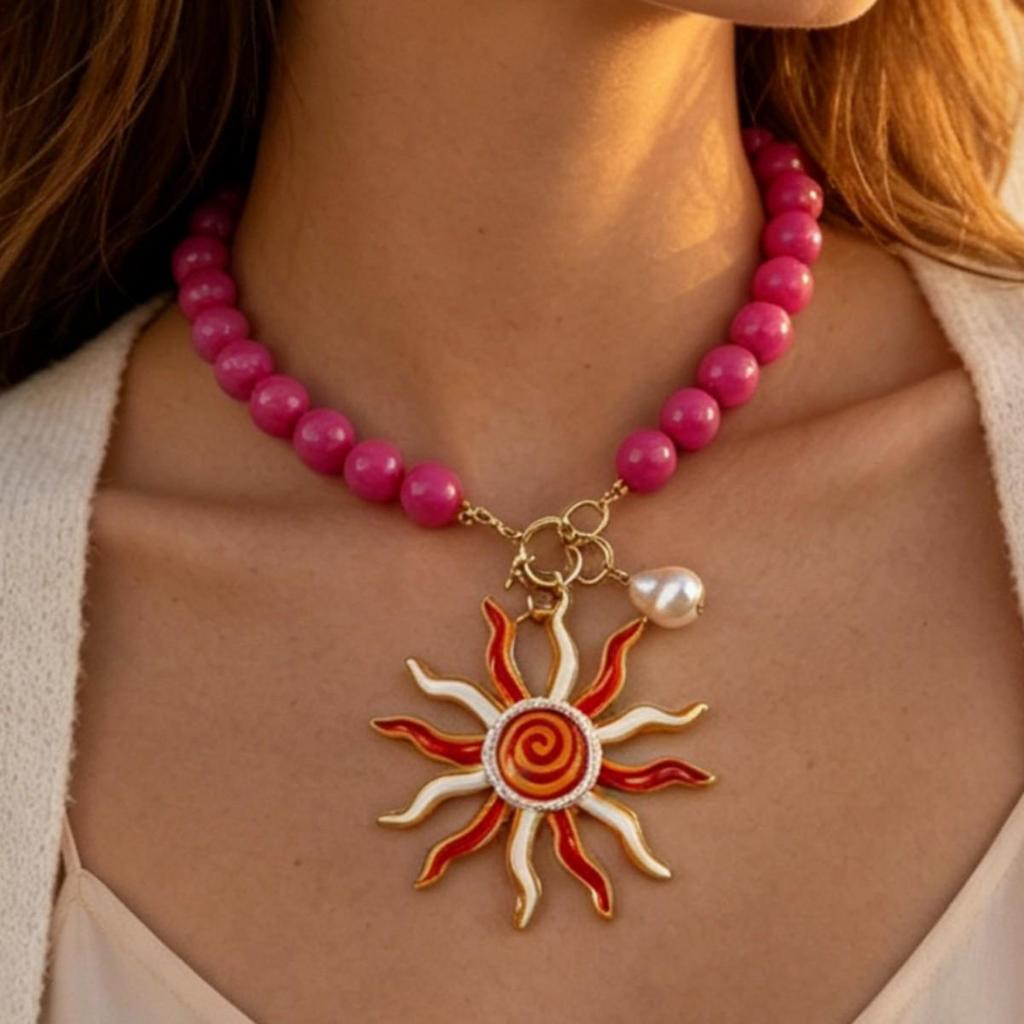 ZA Enamel Sun Pendant Beaded Necklace: Retro Clavicle Chain, High-End Statement Jewelry for Women