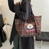 2025 Autumn and Winter New Canvas Bag Large Capacity Tote Bag Cartoon Plaid College Style Double-sided Shoulder Bag Commuter Bag