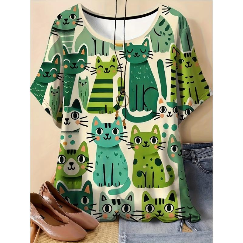 

Large size animal print T-shirt, casual round neck short-sleeved top, suitable for spring and autumn, women s plus size clothing S