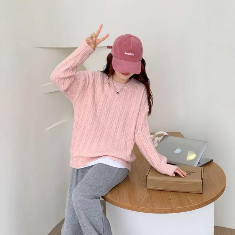 Soft waxy twist lazy knitted sweater for women's autumn and winter new casual thick loose pullover sweater top for women