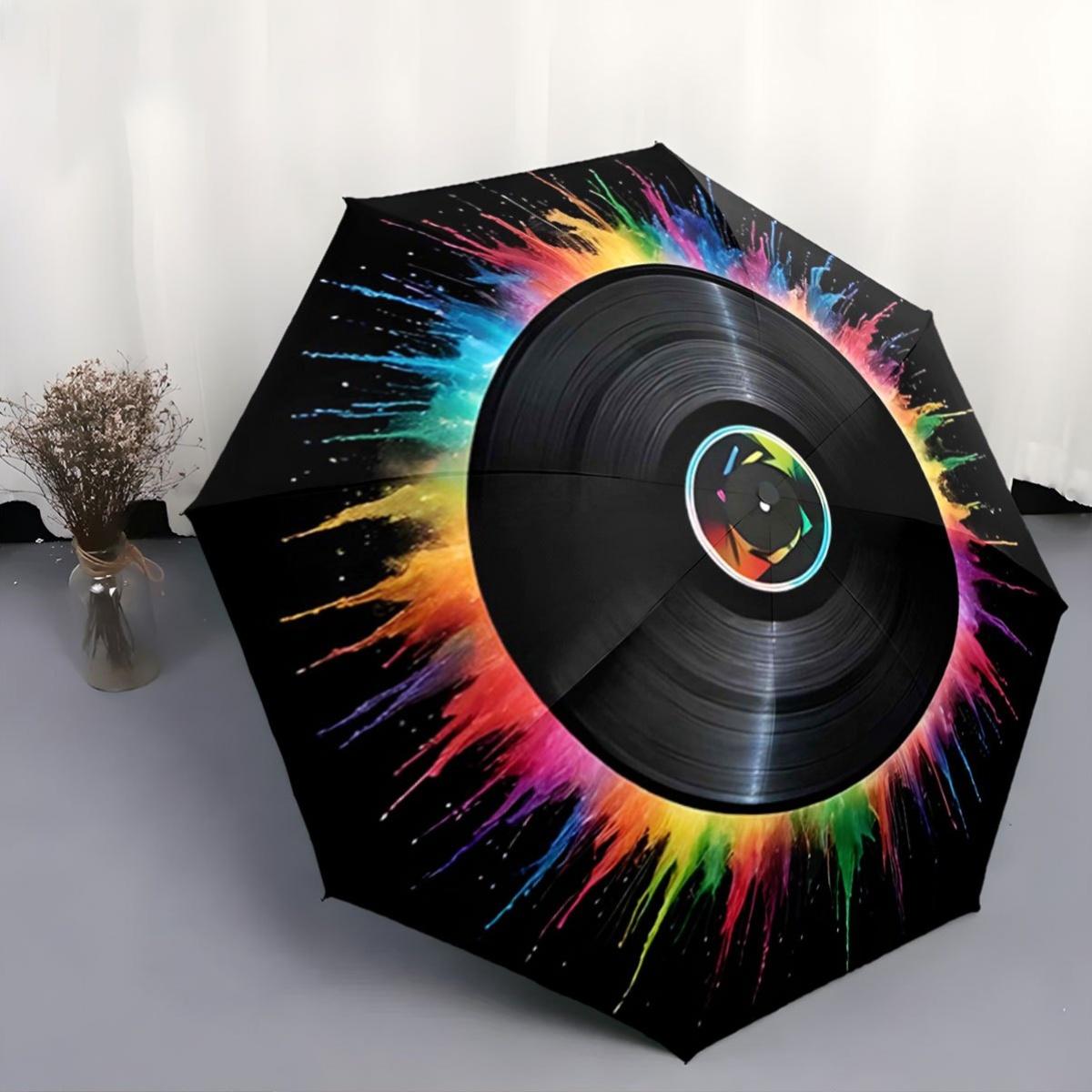 

A Collapsible Umbrella Featuring a Vinyl Record Encircled by a Lively Rainbow Splash Pattern. an Imaginative Portable Folding Iron&8K