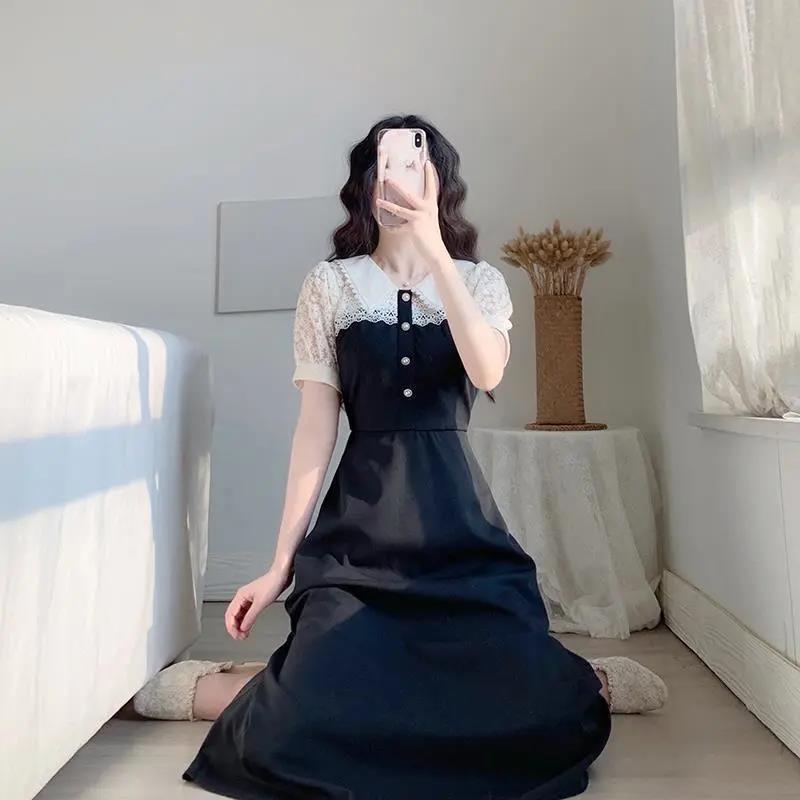 

ZZ Женское летнее платье большого размера темно-синего цвета с воротником во французском стиле L [suitable for 100-120 jin]