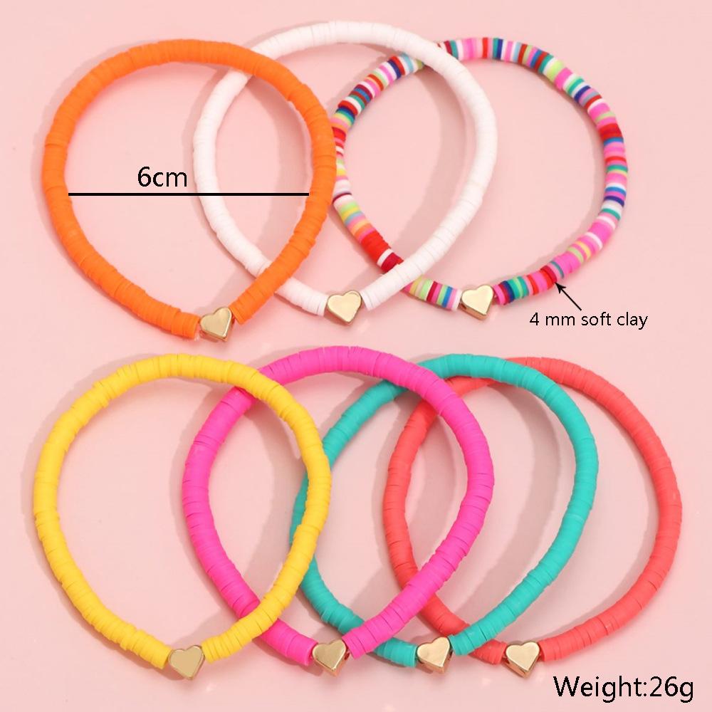 Bohemian Rainbow Stackable Bracelets Set For Women Heart Charm Soft Clay Pottery Layering Beads Chain Bangle Female Boho Jewelry