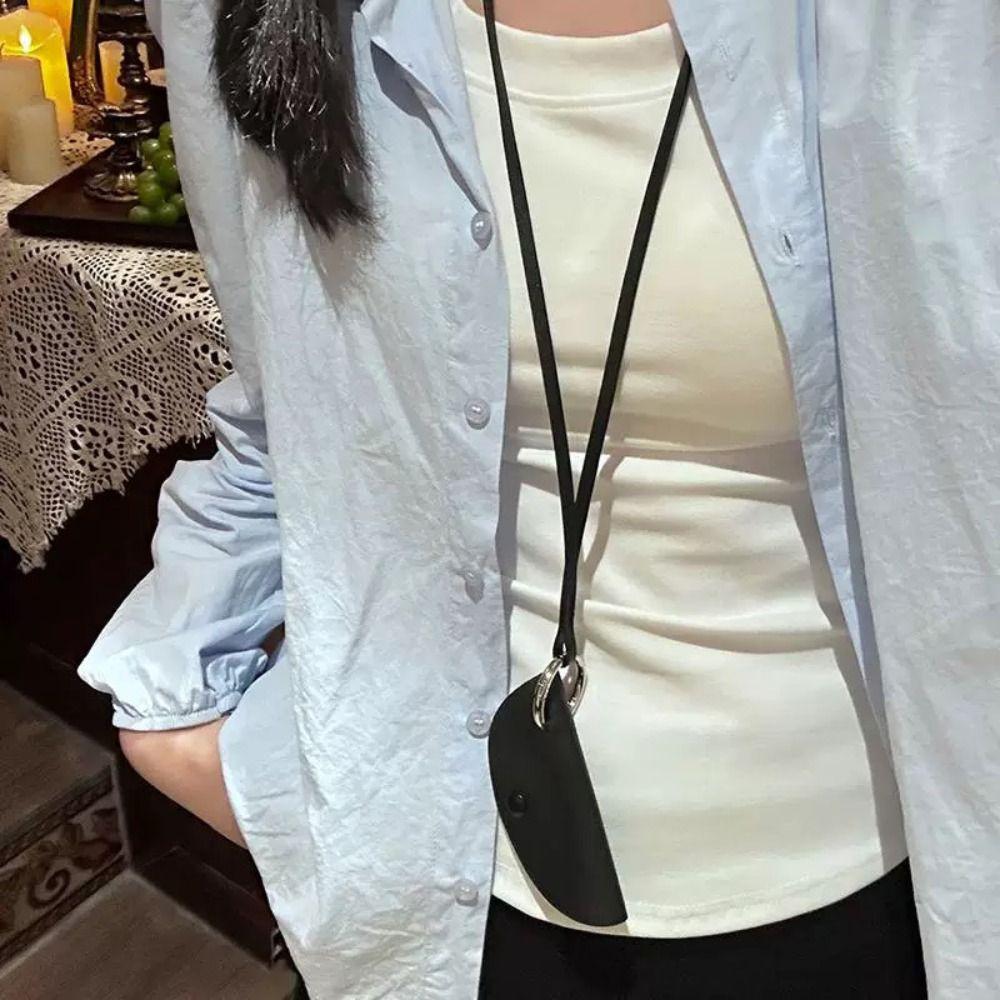 Anti-loss Long Leather Necklace Hanging Neck Pu Leather Key Bag Crescent Moon Key Case  Girl