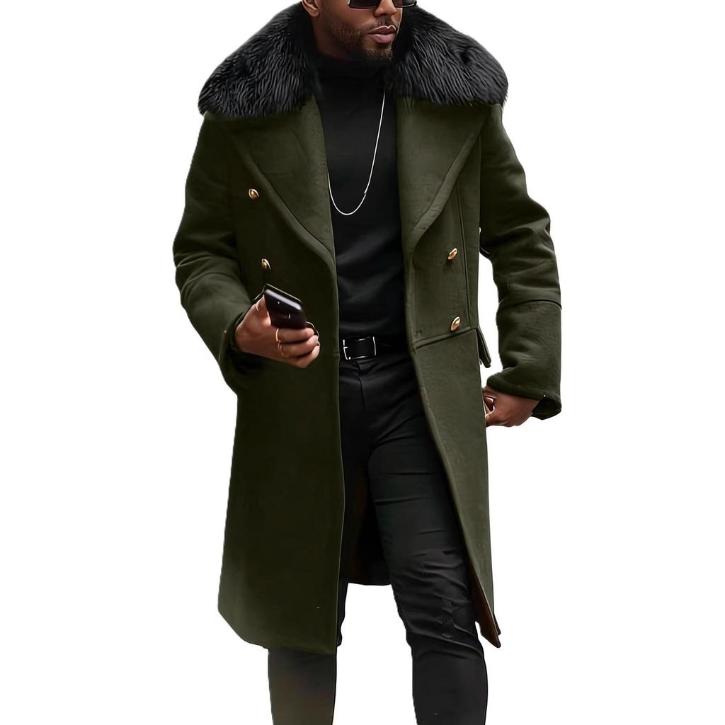 Men's Plus Size Double-Breasted Fur Collar Wool Coat