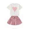 Summer Girls Heart T-Shirt + Khaki Shorts Set Child Short Sleeve Top and Bottom Clothes Set 2Pcs Korean Kids Suit