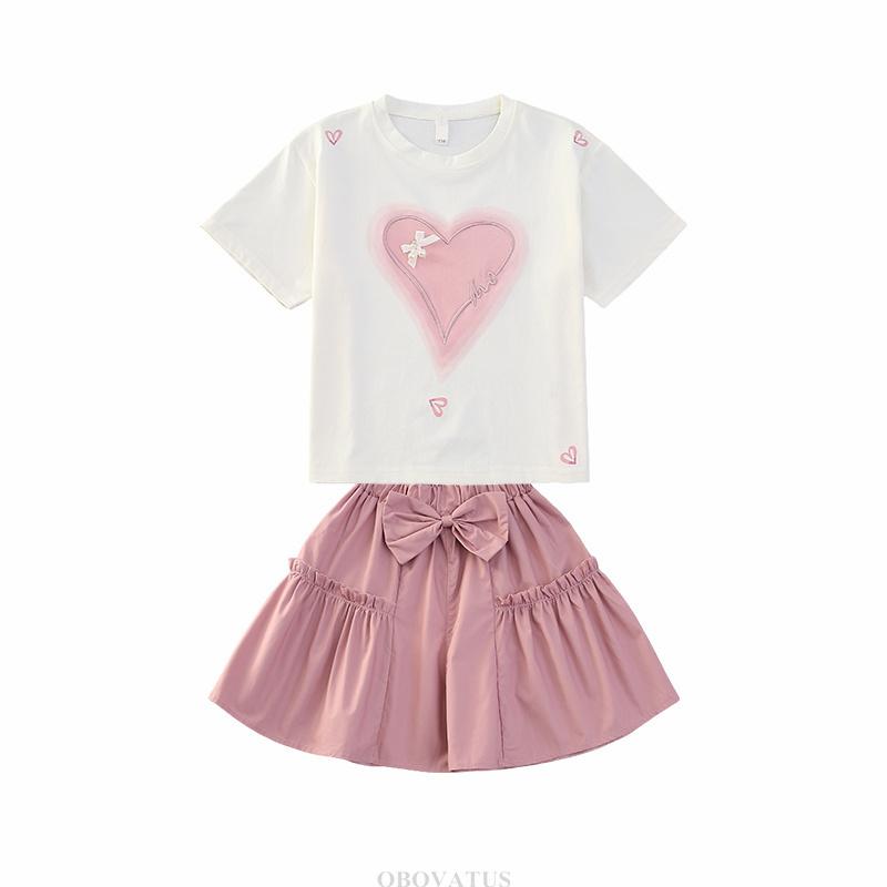Summer Girls Heart T-Shirt + Khaki Shorts Set Child Short Sleeve Top and Bottom Clothes Set 2Pcs Korean Kids Suit