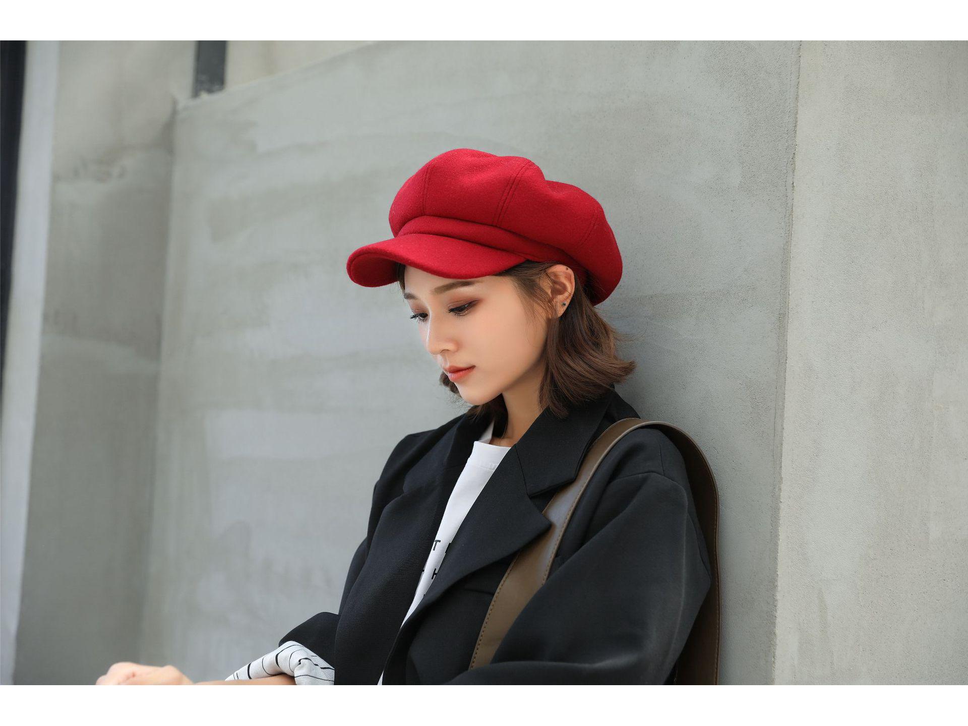 Восьмиугольный берет из ретро-шерсти в корейском стиле - Тепло осенью и зимой One Size