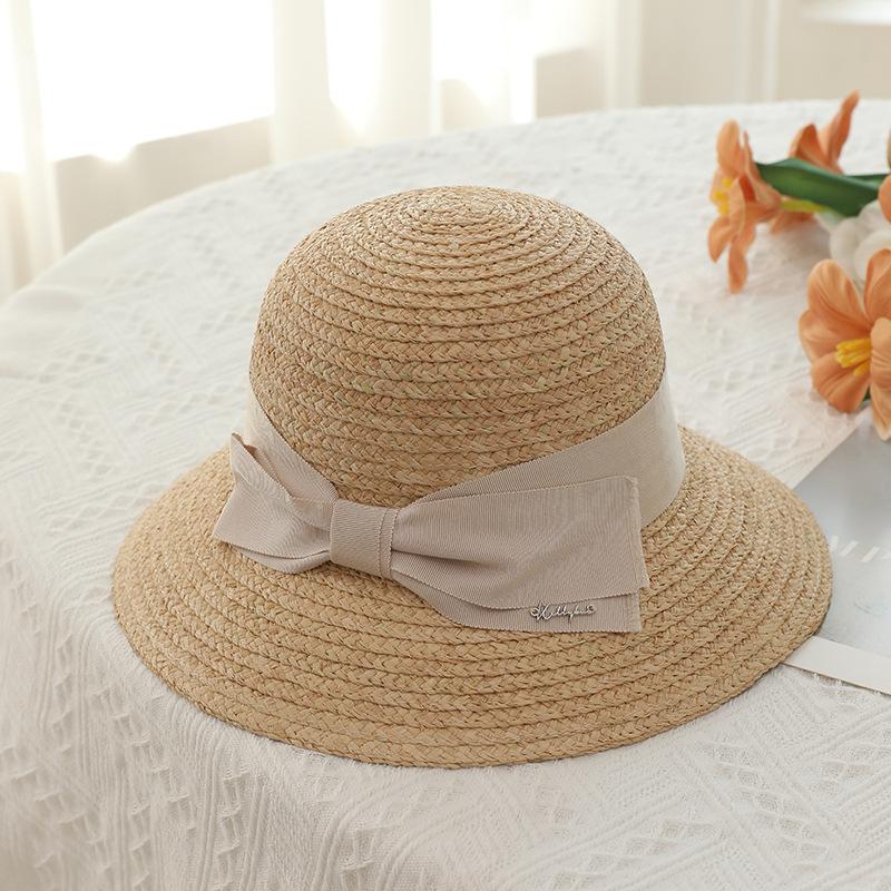 Lafite straw hat seaside beach hat premium straw hat bow sunscreen visor big brim bucket hat women