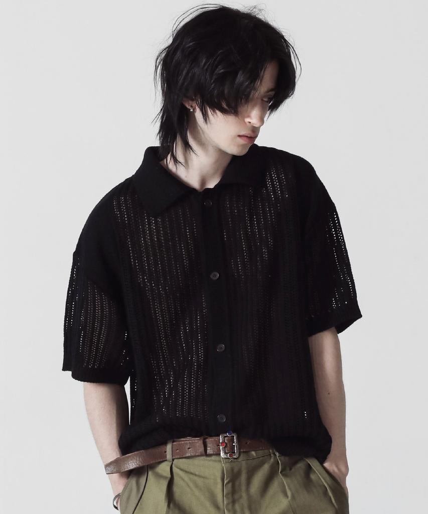 Stage Name Summer Varsity Short Sleeve Knit Shirt Cardigan_Black