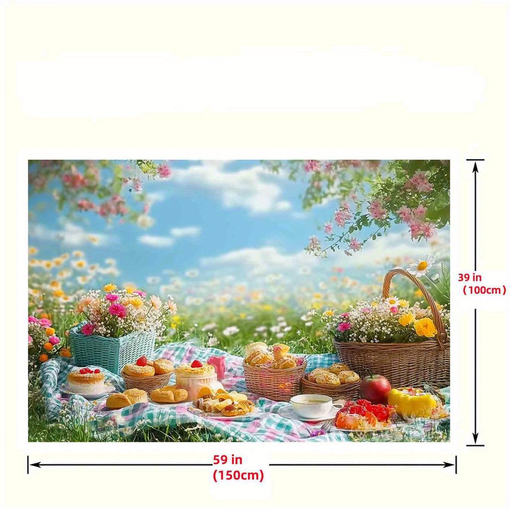One spring picnic backdrop banner with lush flower patterns and a colorful napkin is perfect for outdoor activities.