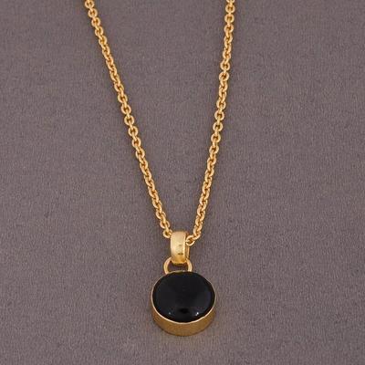 Schwarze Onyx Runde Edelstein Gelbgold Halskette, handgemachter Schmuck, Damen Halskette, Valentinstag Schmuck, 925 Silber Halskette