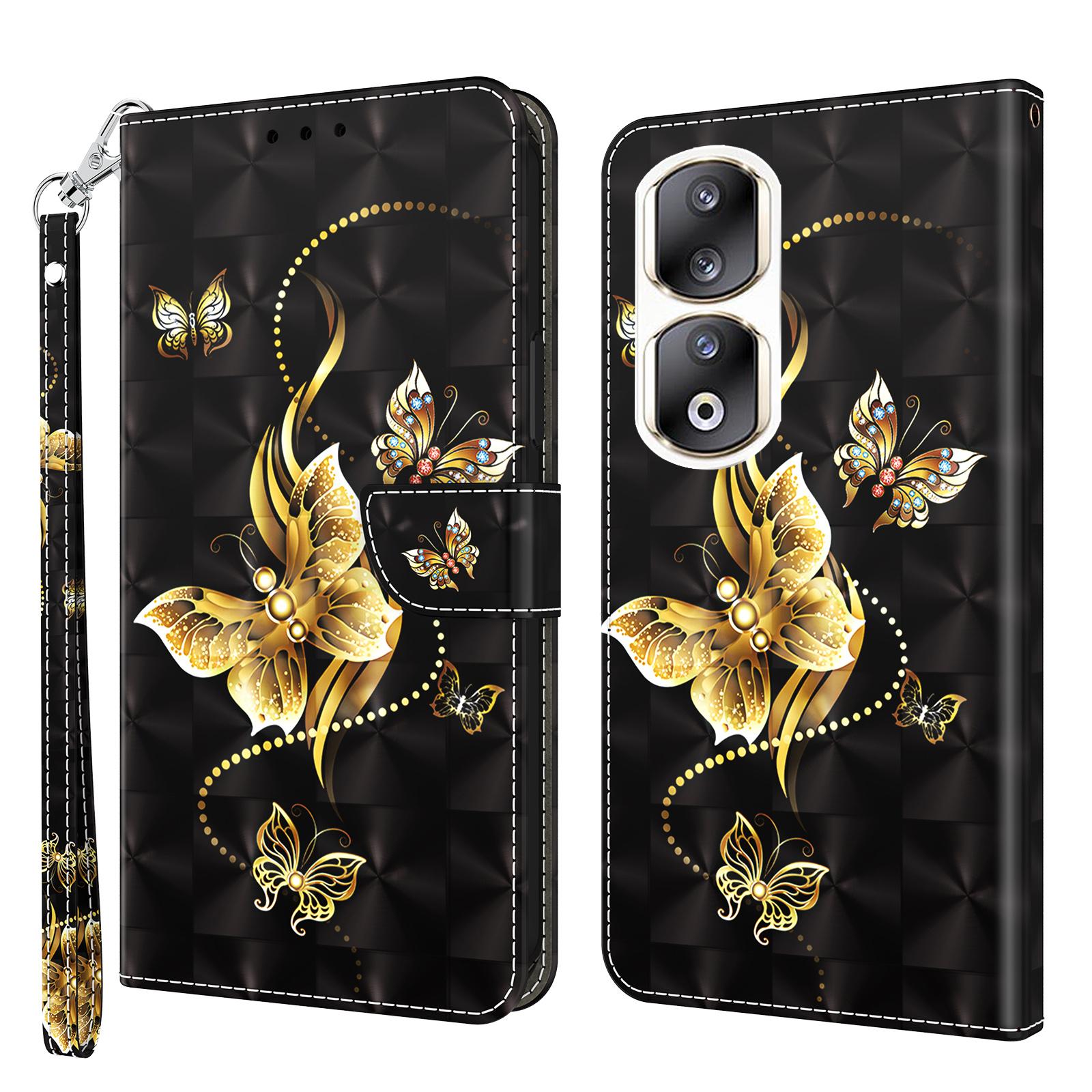 

For Honor 90 Pro Case PU Leather 3D Pattern Printed Wallet Phone Cover Golden Butterfly