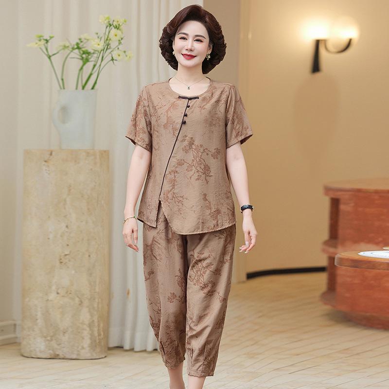 Petite Mom's Ice Silk Printed Summer Set for Middle-Aged Women