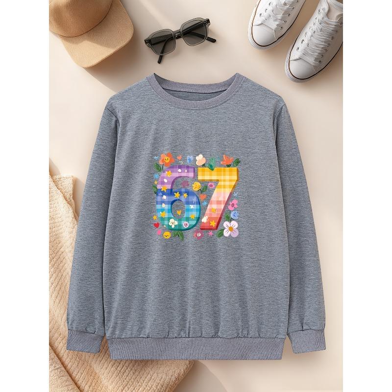 European Sizes Cute Colorful "67" Number Flower Print Playful Kids' Crewneck Sweatshirt