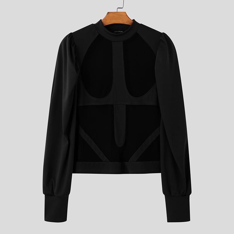 INCERUN Herren T-Shirt mit Stehkragen und Puffärmeln, Mesh, durchsichtig, Patchwork