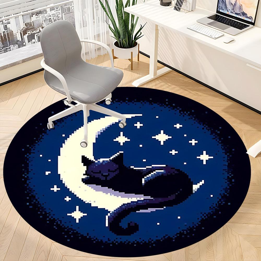 1 Stück Mond Katze Büro Runder Teppich, Matte Geeignet Für Büro, Unter Bürostühlen Schlafzimmer Wohnzimmer Heimdekoration, Raumdeko