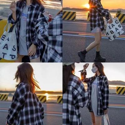 Korean Style Plaid Color Block Long Sleeve Casual Cardigan Top